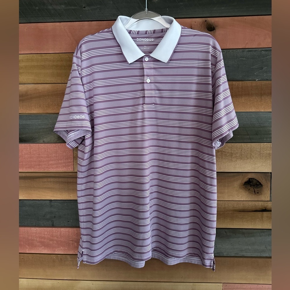 Bonobos Golf Polo Shirt Purple Striped Embroidered Slim Fit Performance